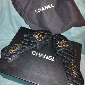 Chanel Black and Gold Quilted Slippers